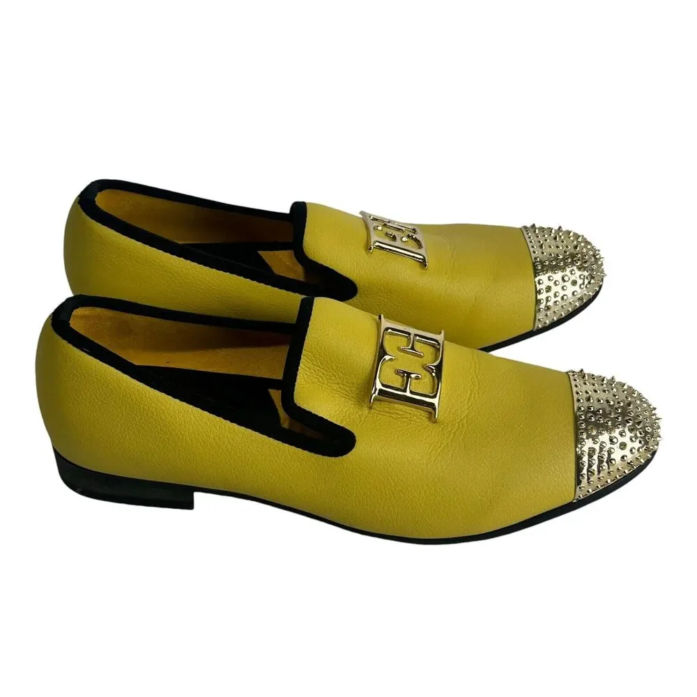 XQWFH Mens Leather Spiked Gold Buckle Penny Slip-On Lux Loafers Dress Shoes 9.5